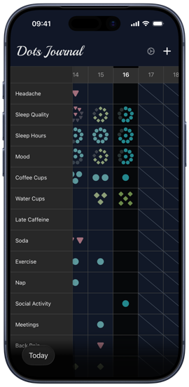 Dots migraine tracker and lifestyle journal app for iPhone in dark mode