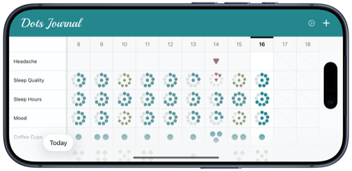 Dots lifestyle journal in landscape mode showing extended symptom and pattern history