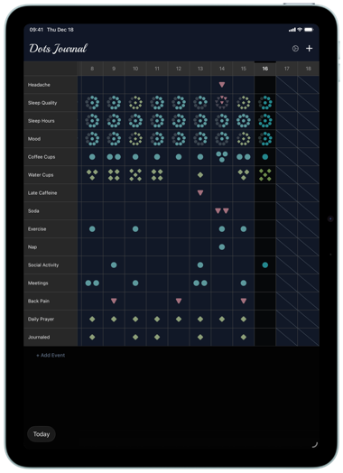 Dots lifestyle journal and migraine tracker on iPad - dark mode