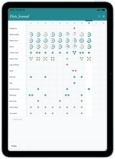 Dots lifestyle journal and migraine tracker on iPad with expanded symptom history grid