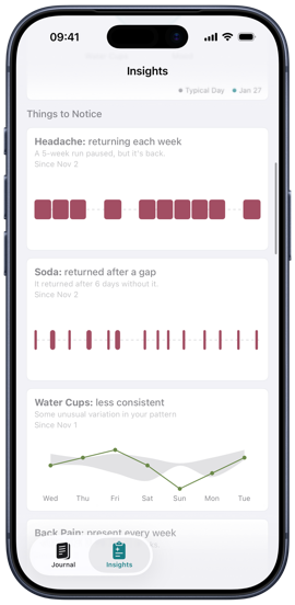 Chronic migraine tracking and headache trigger identification in Dots lifestyle journal
