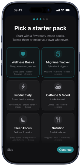 Migraine, mood, and wellness tracking templates in Dots lifestyle journal app - dark mode