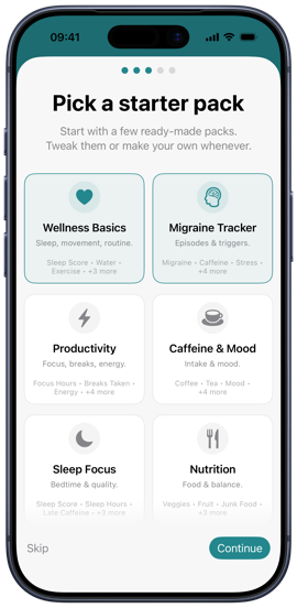 Migraine, mood, and wellness tracking templates in Dots lifestyle journal app